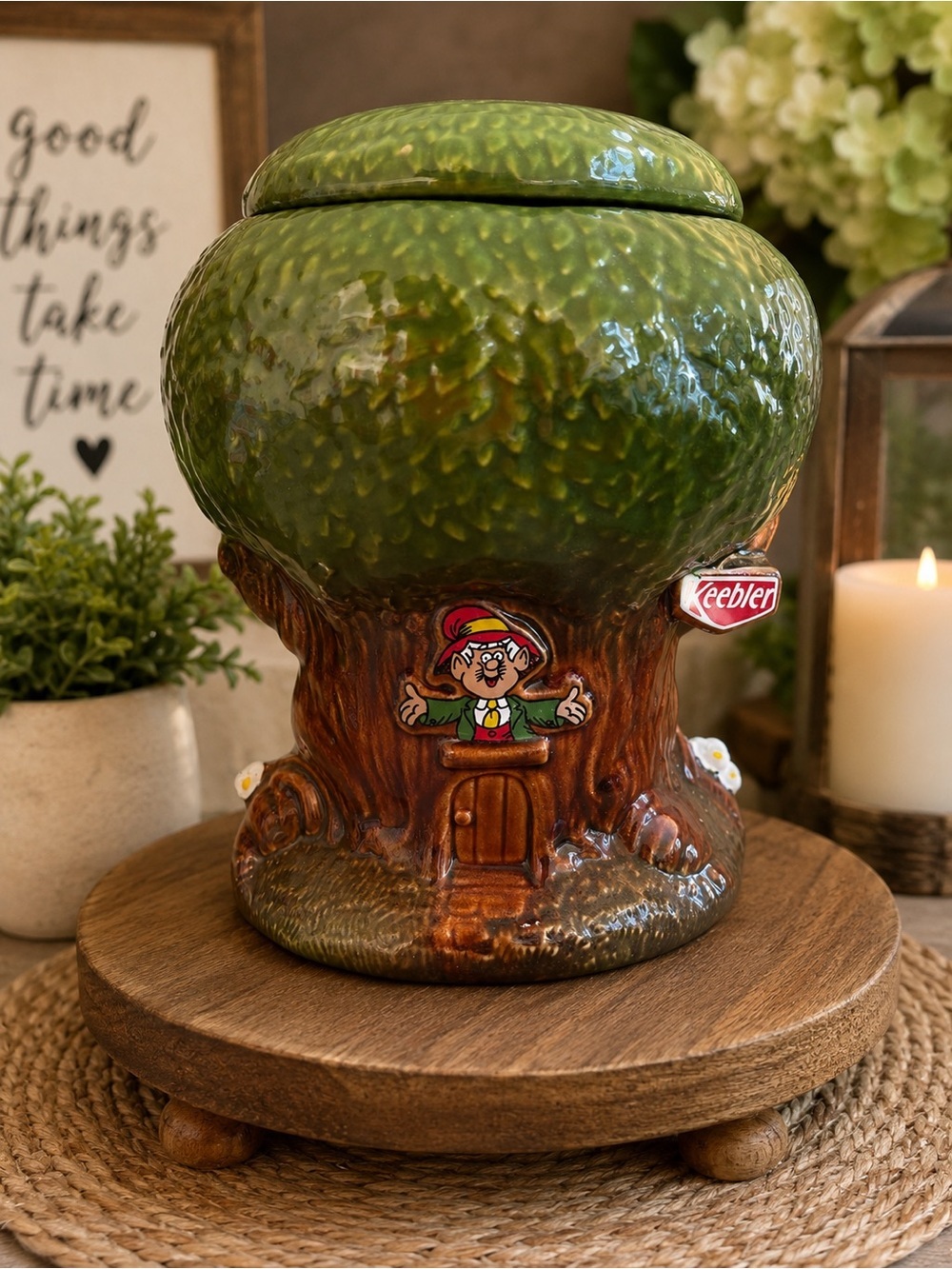 KEEBLER Tree Cookie Jar - Green & Brown Ceramic Storage